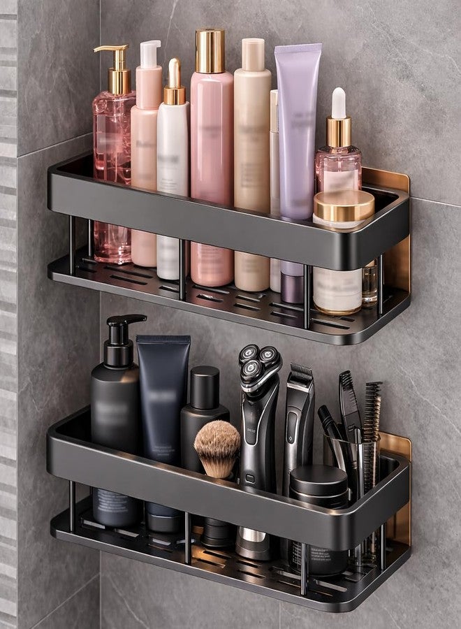 ZOCKRIX Aluminium Self Adhesive Bathroom Shelf for Wall | Pack of 2 | No Drill Wall Mounted Bathroom Shelves Rack | Corner Shelf Organizer Holder Stand for Bathroom Accessories Storage | Black - Image 1