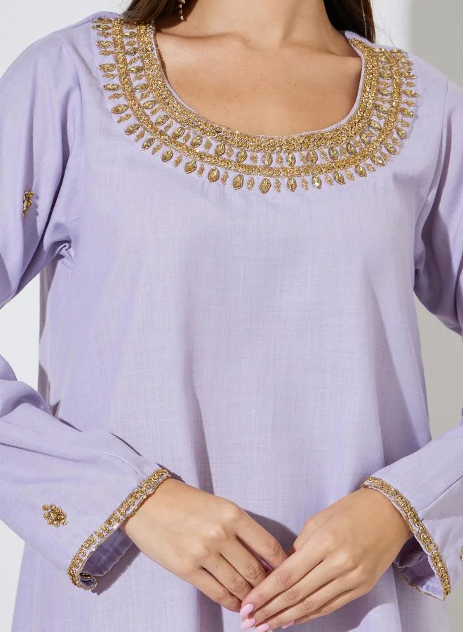 Amirah  Lilac Long Sleeves Round Neck Jalabiya with Gold Embroidery for Women | Best Price UAE