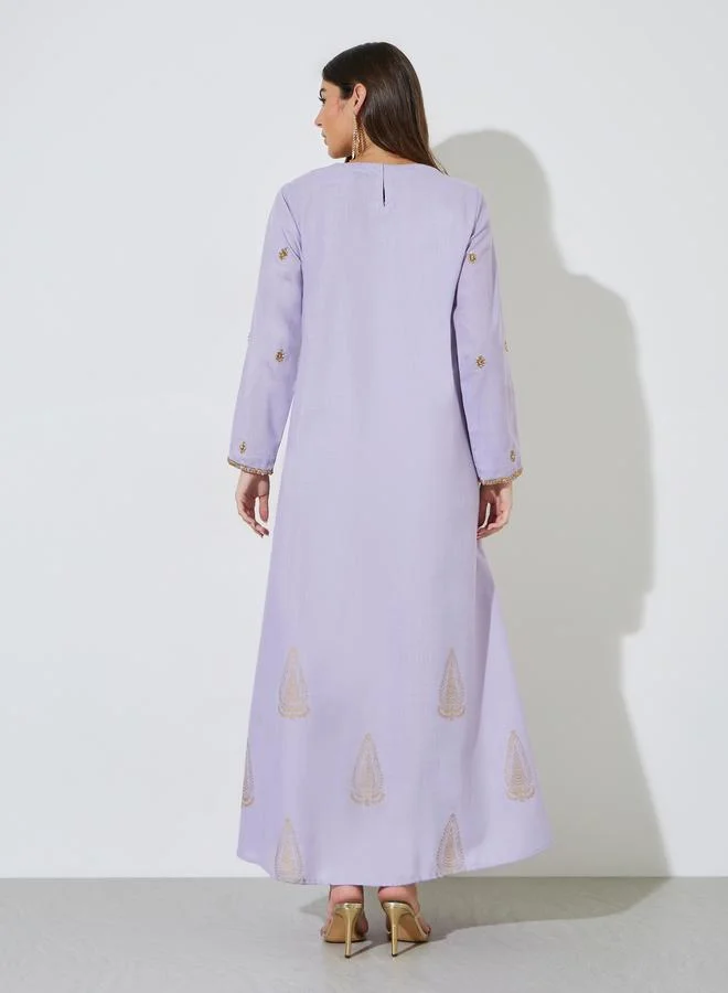 Amirah  Lilac Long Sleeves Round Neck Jalabiya with Gold Embroidery for Women | Best Price UAE