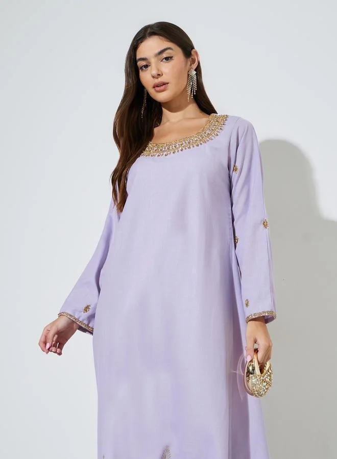 Amirah  Lilac Long Sleeves Round Neck Jalabiya with Gold Embroidery for Women | Best Price UAE