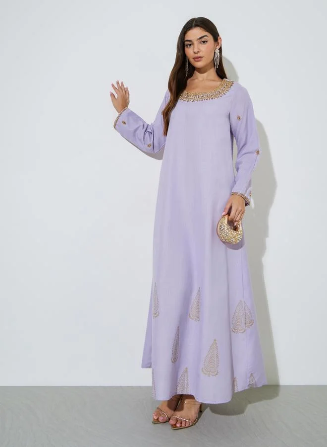 Lilac Long Sleeves Round Neck Jalabiya with Gold Embroidery