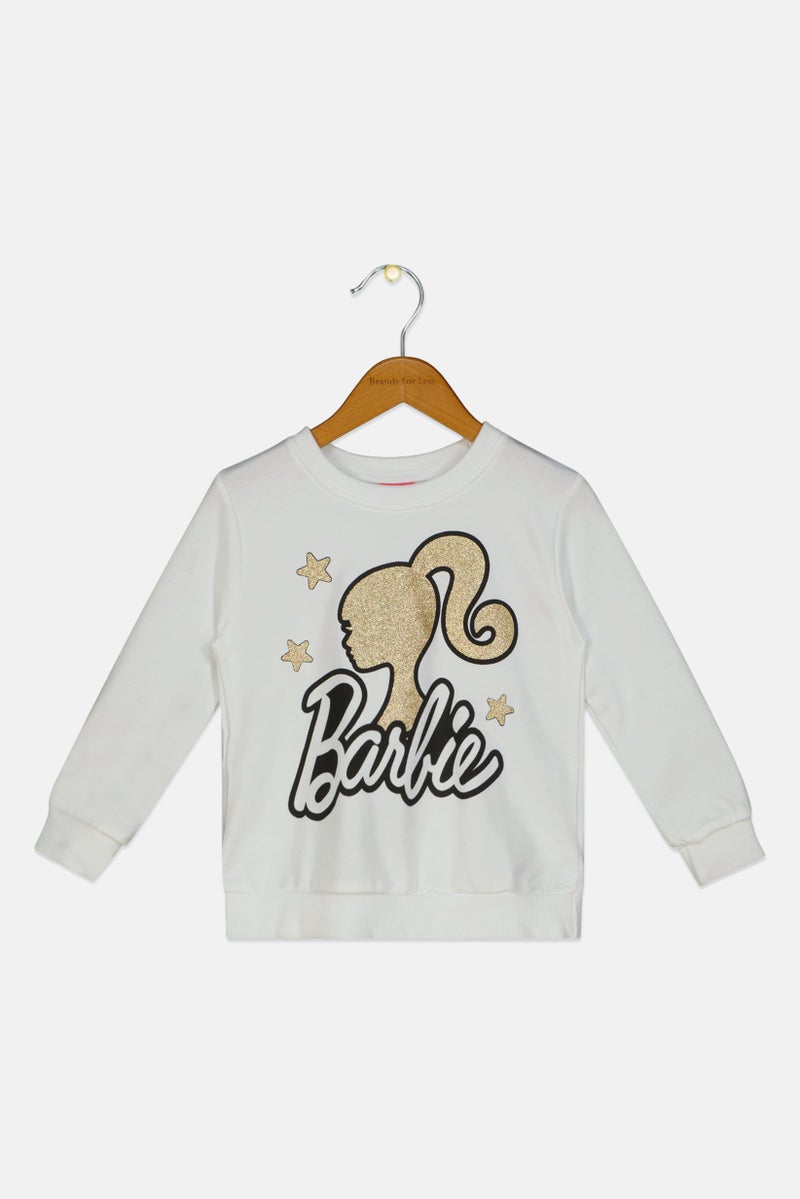 Barbie سويت شيرت طويل الأكمام للبنات الصغيرات بطباعة جرافيك، أبيض - Image 1