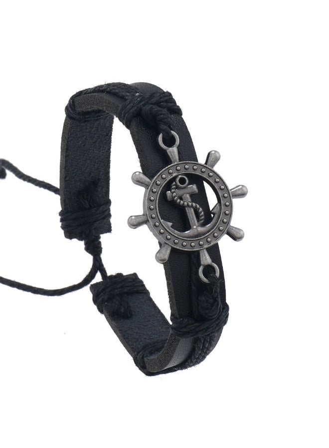 Goolsky Men’s Leather Bracelet – Vintage Ship Wheel Charm, Simple Black Braided Wristband, Nautical Punk Accessory, Genuine Leather Adjustable Size, Gift for Him - Image 1