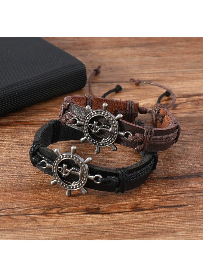 Goolsky Men’s Leather Bracelet – Vintage Ship Wheel Charm, Simple Black Braided Wristband, Nautical Punk Accessory, Genuine Leather Adjustable Size, Gift for Him - Image 3