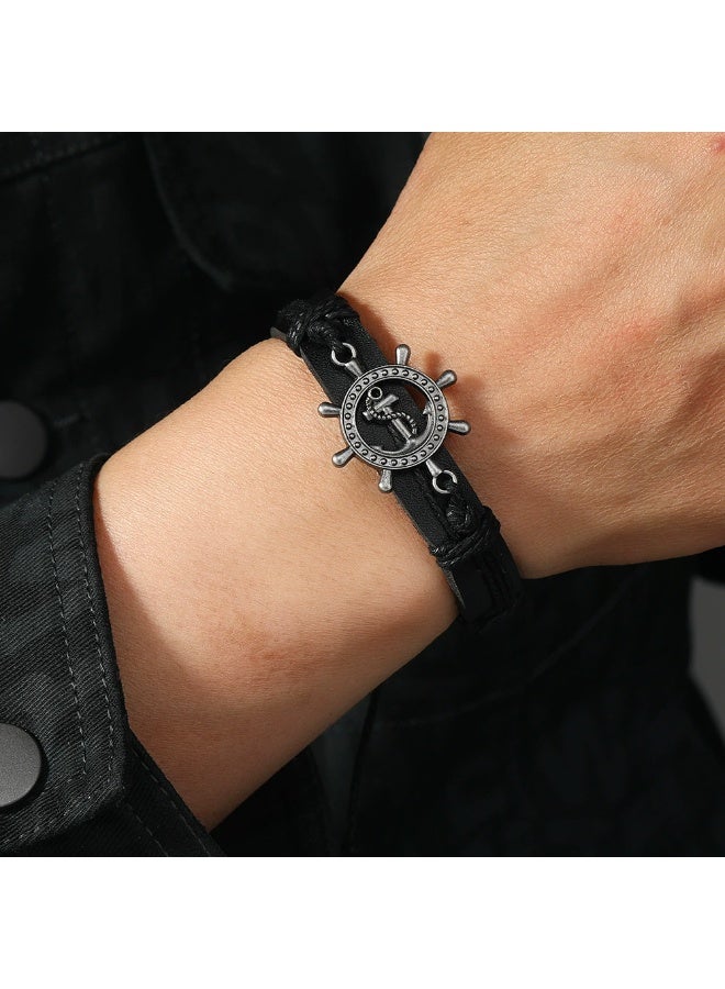 Goolsky Men’s Leather Bracelet – Vintage Ship Wheel Charm, Simple Black Braided Wristband, Nautical Punk Accessory, Genuine Leather Adjustable Size, Gift for Him - Image 2