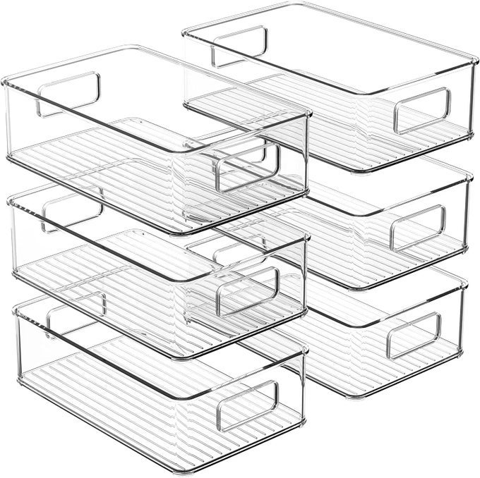 CLEAR PLASTIC KITCHEN PANTRY ORGANIZER REFRIGERATOR OR FREEZER FOOD STORAGE BINS WITH HANDLES FOR FRUIT YOGURT SNACKS PASTA FOOD SAFE 10 LONG 4 PACK