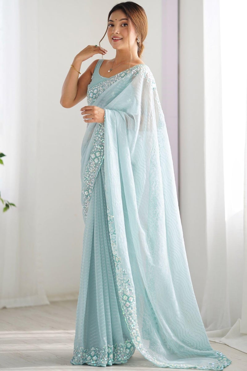 SGF11 Women's Georgette and Sequence Embroidery Work Saree With Unstiched Blouse Piece (Light Blue) - Image 5