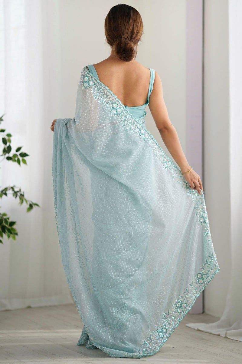 SGF11 Women's Georgette and Sequence Embroidery Work Saree With Unstiched Blouse Piece (Light Blue) - Image 4