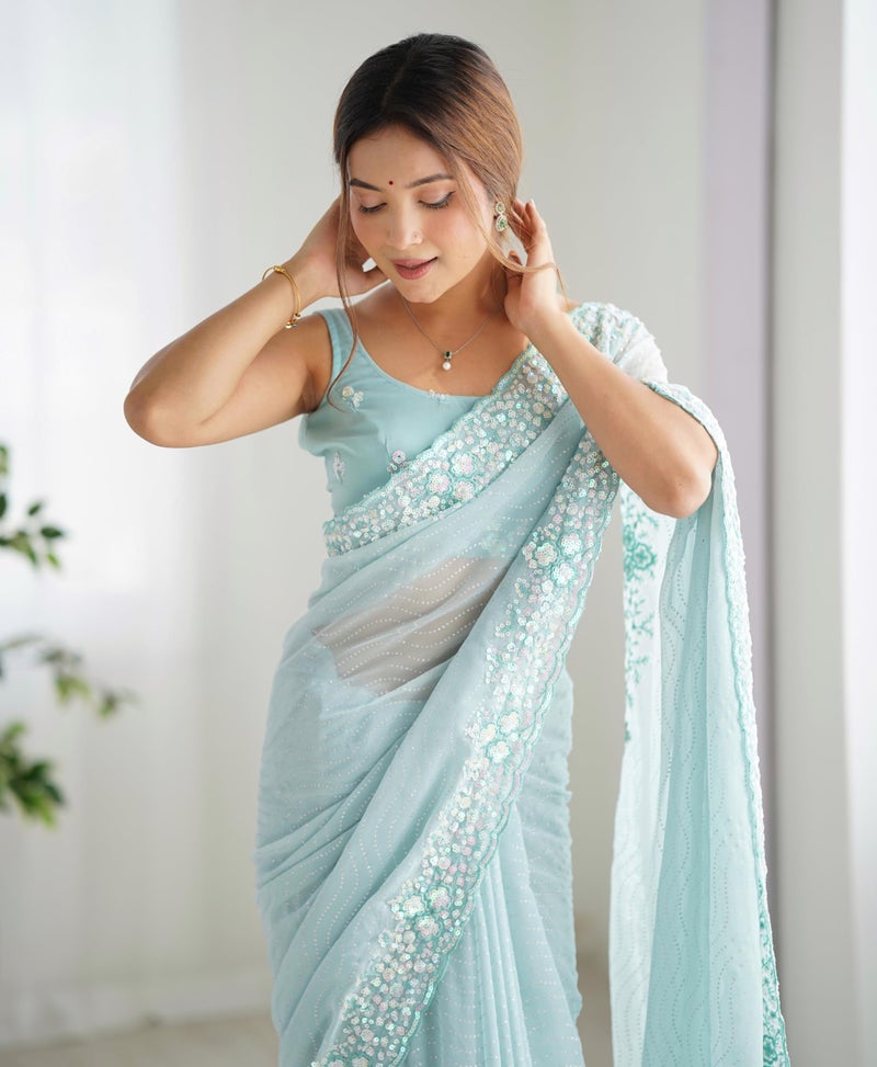 SGF11 Women's Georgette and Sequence Embroidery Work Saree With Unstiched Blouse Piece (Light Blue) - Image 3