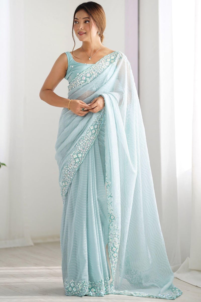 SGF11 Women's Georgette and Sequence Embroidery Work Saree With Unstiched Blouse Piece (Light Blue) - Image 2