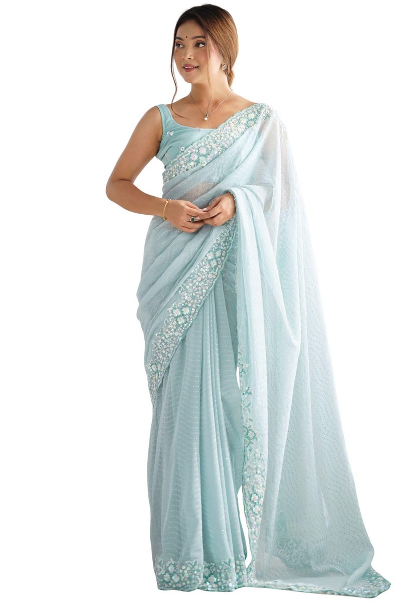 SGF11 Women's Georgette and Sequence Embroidery Work Saree With Unstiched Blouse Piece (Light Blue) - Image 1