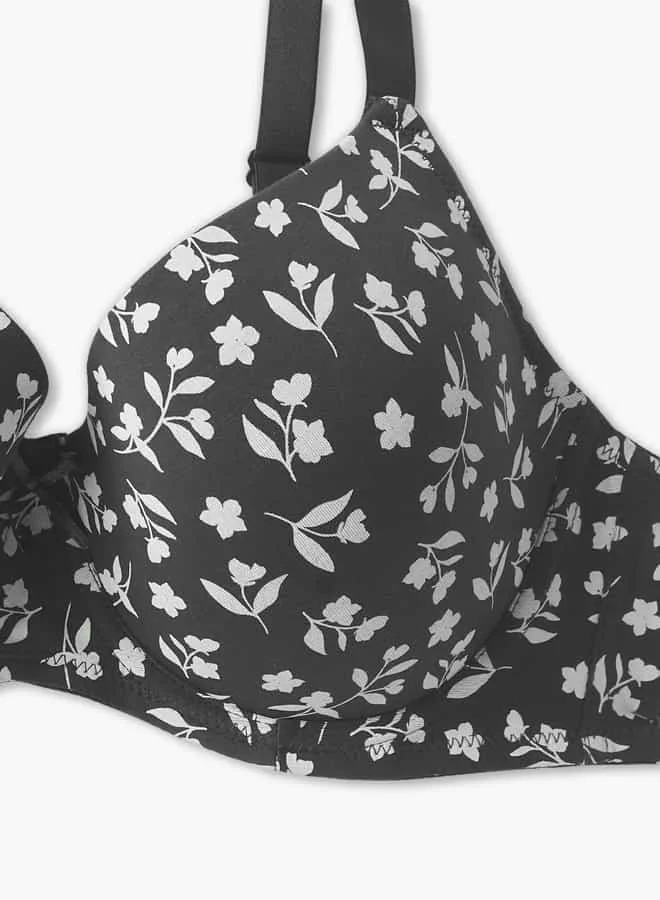 Splash FAV Floral Print Balconette Bra with Bow Detail and Adjustable Straps