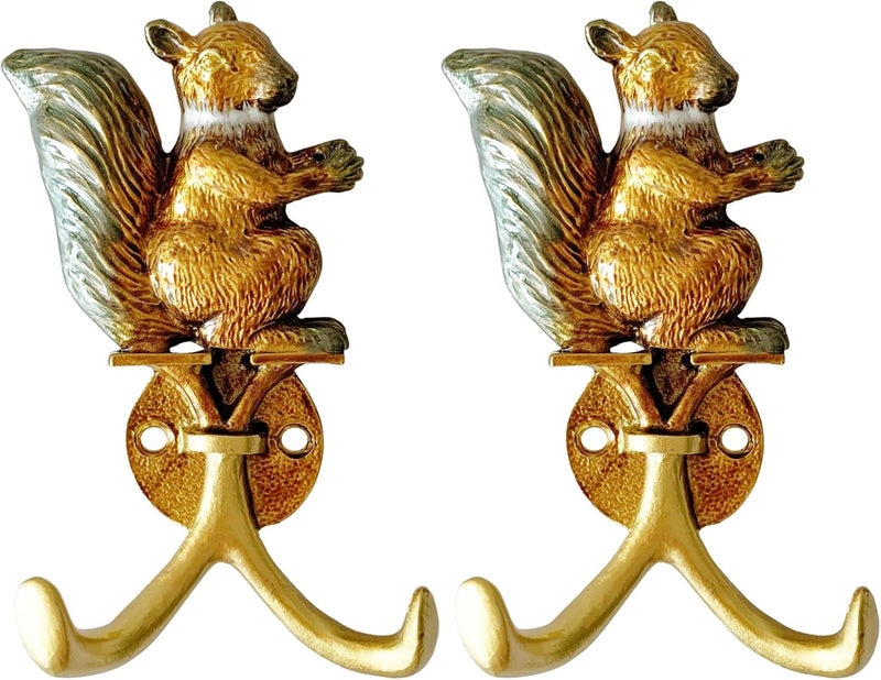 Pewery خطافات حائط زخرفية على شكل سنجاب من الطراز العتيق، رفوف حائط لتعليق الملابس والمعاطف والمناشف والمفاتيح والقبعات، عبوتان من الخطافات الحائطية المعدنية العتيقة المثبتة - Image 1