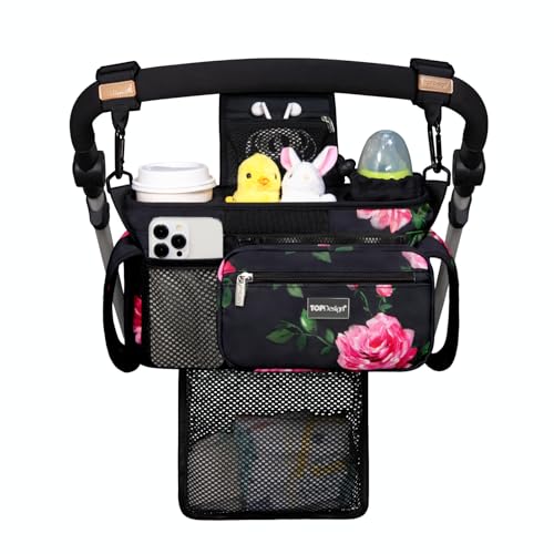 TOPDesign Universal Baby Stroller Organizer Stroller Caddy with Detachable Mesh Bag Heightened Insulated Cup Holders NonSlip Secure Hooks Accessories Fits Most Strollers Peony - Image 1