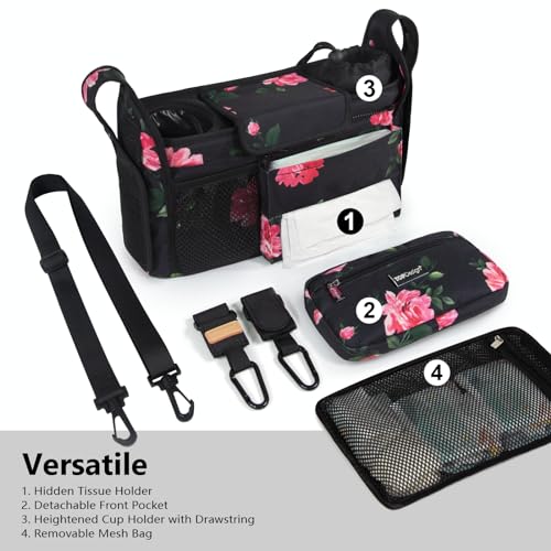TOPDesign Universal Baby Stroller Organizer Stroller Caddy with Detachable Mesh Bag Heightened Insulated Cup Holders NonSlip Secure Hooks Accessories Fits Most Strollers Peony - Image 3