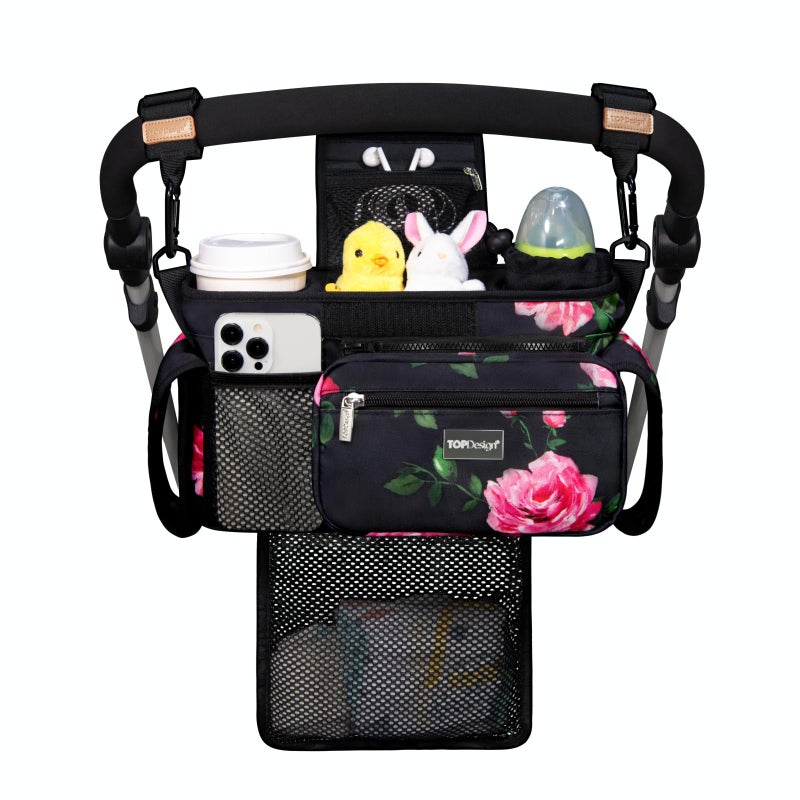 TOPDesign Universal Baby Stroller Organizer Stroller Caddy with Detachable Mesh Bag Heightened Insulated Cup Holders NonSlip Secure Hooks Accessories Fits Most Strollers Peony - Image 2
