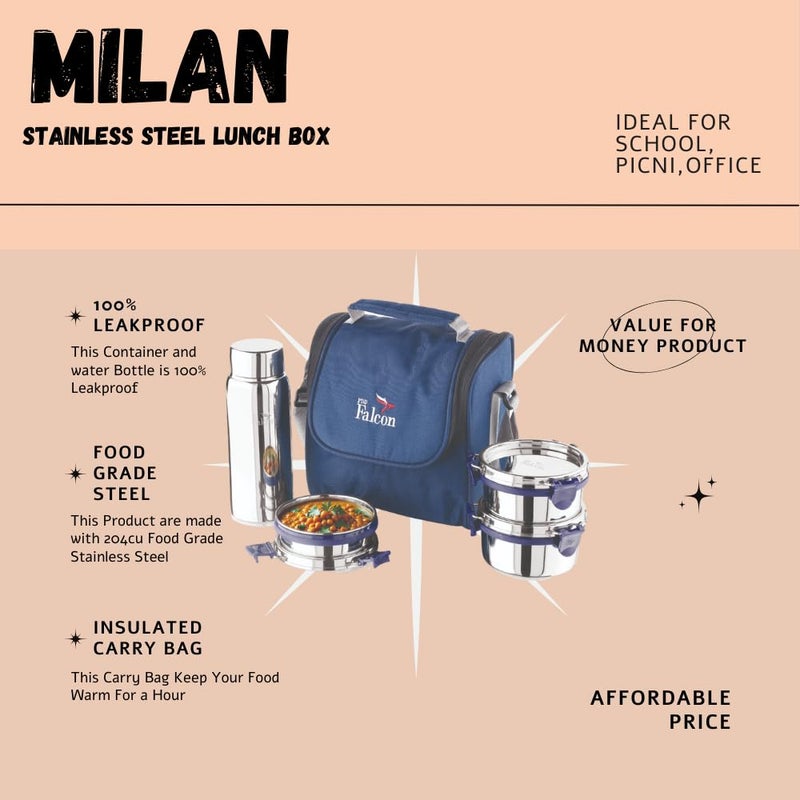 PDDFALCON Stainless Steel EcoNxt Milan Lunch Box Set with 100 Leakproof Steel Water Bottle 1350ml Navy Blue - Image 5