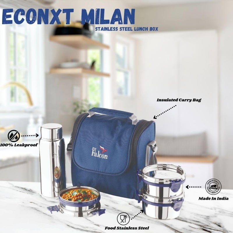 PDDFALCON Stainless Steel EcoNxt Milan Lunch Box Set with 100 Leakproof Steel Water Bottle 1350ml Navy Blue - Image 3