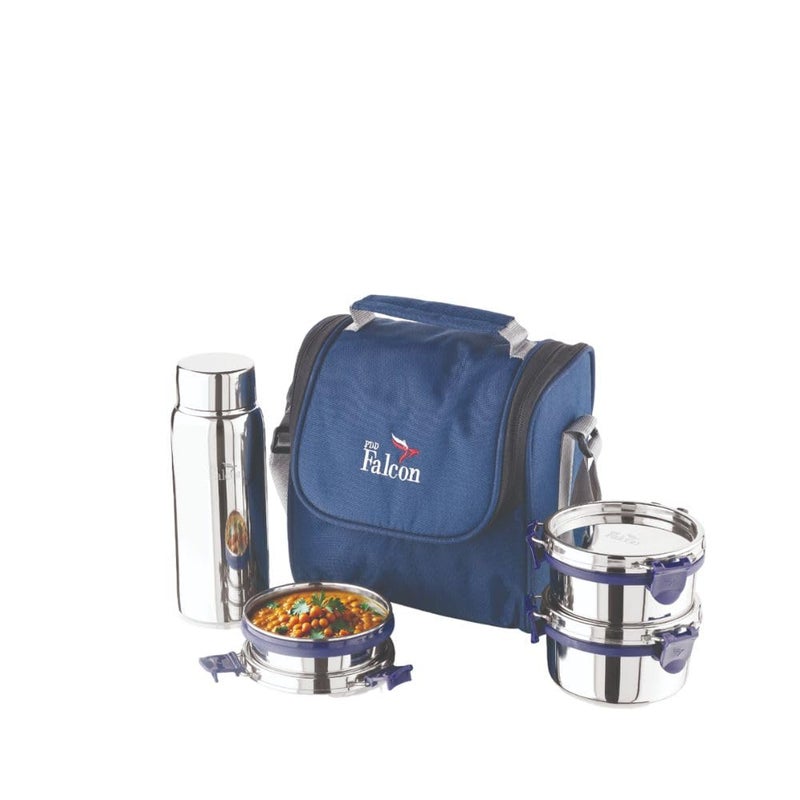 PDDFALCON Stainless Steel EcoNxt Milan Lunch Box Set with 100 Leakproof Steel Water Bottle 1350ml Navy Blue - Image 1