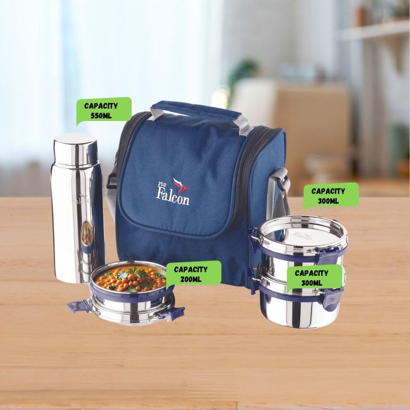 PDDFALCON Stainless Steel EcoNxt Milan Lunch Box Set with 100 Leakproof Steel Water Bottle 1350ml Navy Blue - Image 4