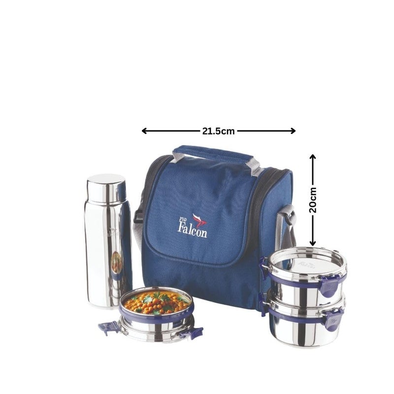 PDDFALCON Stainless Steel EcoNxt Milan Lunch Box Set with 100 Leakproof Steel Water Bottle 1350ml Navy Blue - Image 2