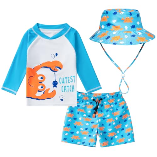 HDOBHIO Toddler and Baby Boys' 3-Piece Swimsuit Trunk Rashguard Set Sun Hat Swimwear Bathing Suit Sunsuit Swim Shirt Set Crab 2-3T - Image 1