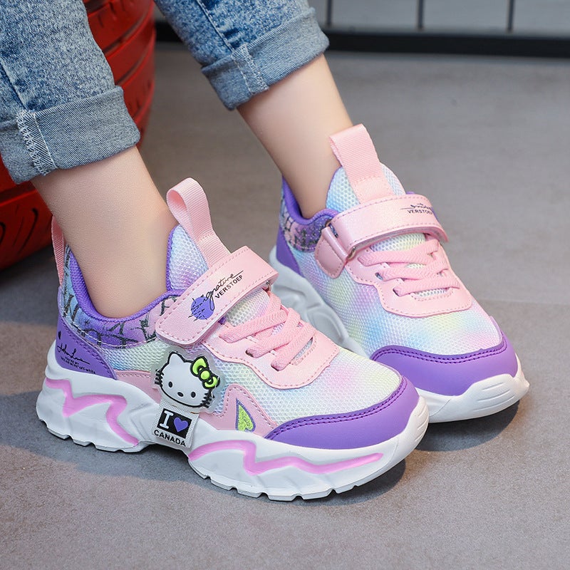 Leather Mesh Cat Princess Shoes Girls Leather Waterproof Big Children Running Shoes Casual Shoes - Image 2