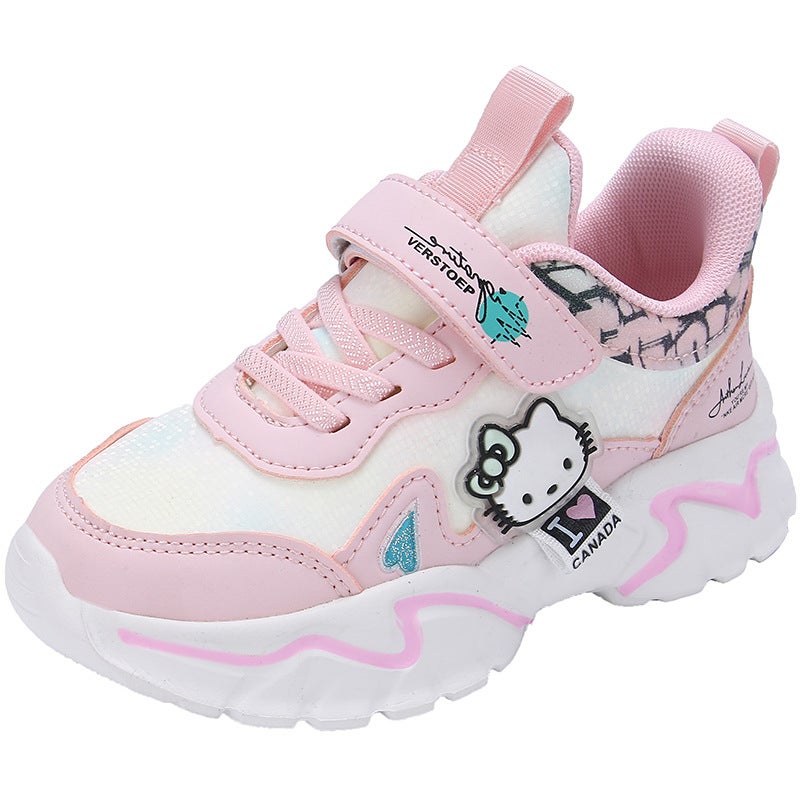 Leather Mesh Cat Princess Shoes Girls Leather Waterproof Big Children Running Shoes Casual Shoes - Image 1