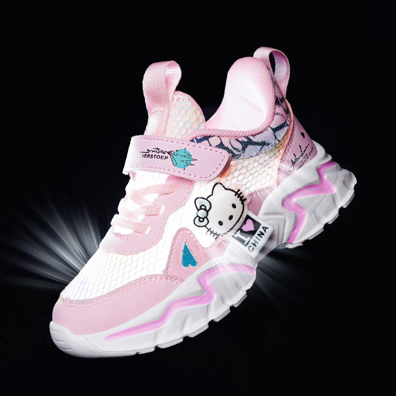 Leather Mesh Cat Princess Shoes Girls Leather Waterproof Big Children Running Shoes Casual Shoes - Image 4