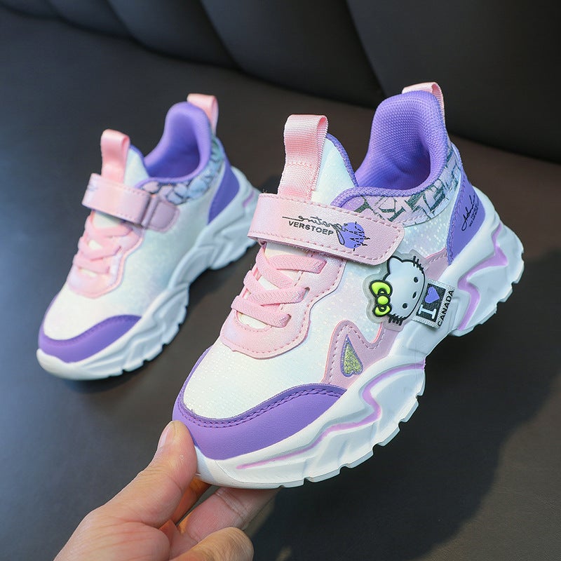 Leather Mesh Cat Princess Shoes Girls Leather Waterproof Big Children Running Shoes Casual Shoes - Image 3