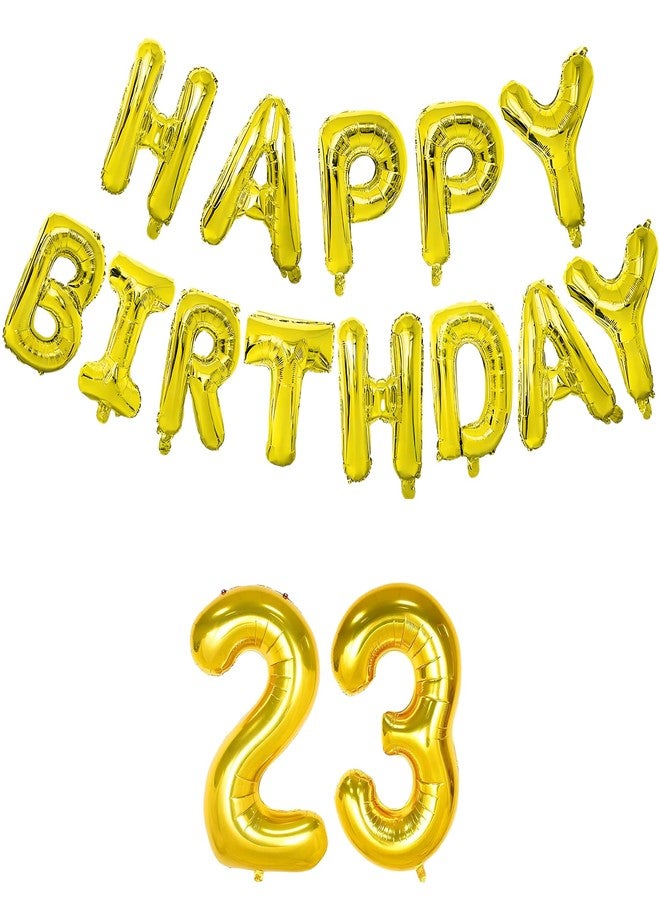 Flyloons 23rd Golden Colour Happy Birthday Foil Balloon Banner Set for 23 Year Old Men | with Number Twenty-three | 13 Letters Reusable Happy Birthday Metallic Foil Balloons Decoration Kit,15 pcs - Image 1