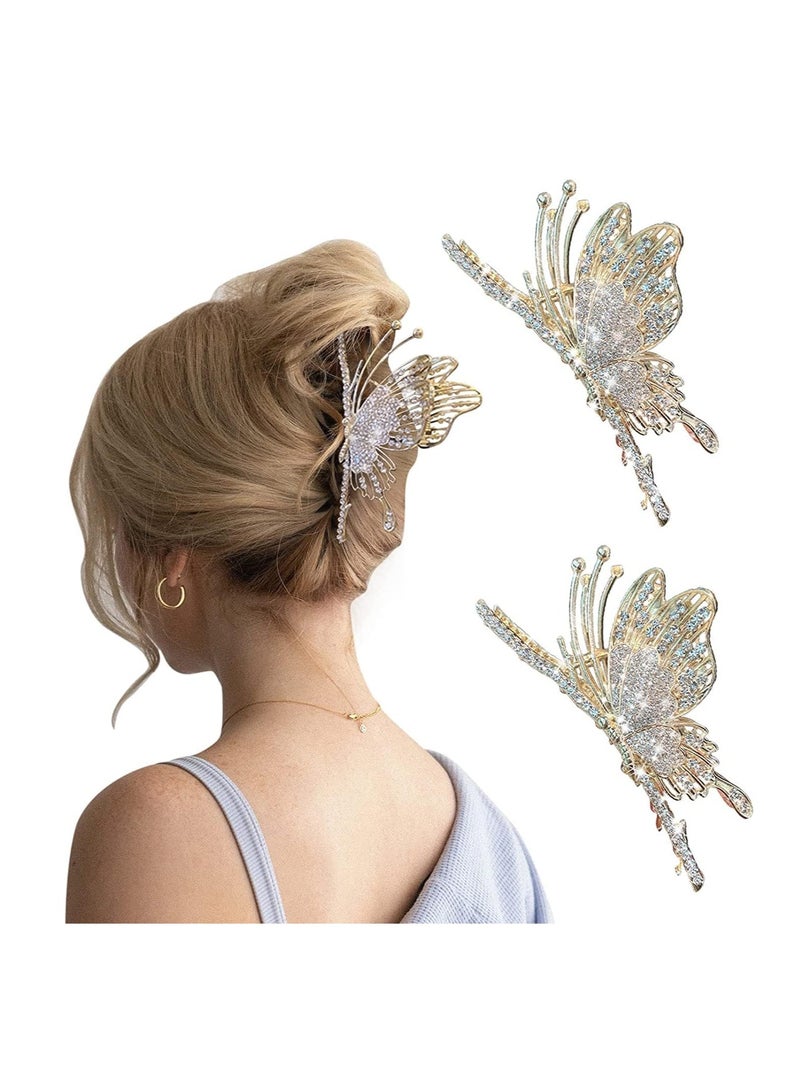 Butterfly Hair Claw Crystal Clips for Women Rhinestone Hair Clamps Metal Butterfly Hair Clips Hair Catch Clip for Women Thinner Thick Hair Styling Fashion Hair Supplies Hair Accessories 2PCS