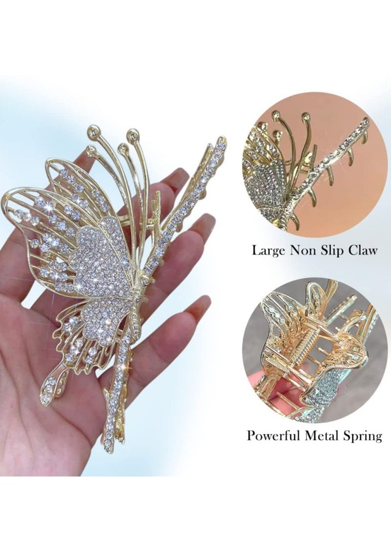 Butterfly Hair Claw Crystal Clips for Women Rhinestone Hair Clamps Metal Butterfly Hair Clips Hair Catch Clip for Women Thinner Thick Hair Styling Fashion Hair Supplies Hair Accessories 2PCS