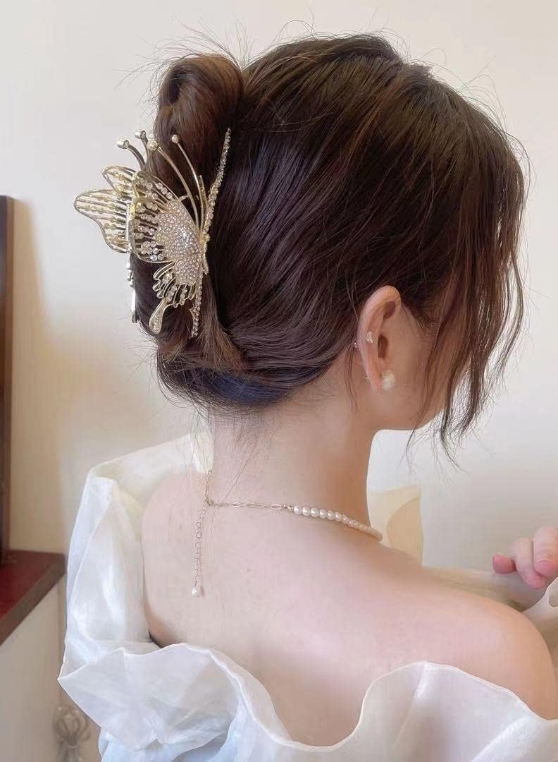 Butterfly Hair Claw Crystal Clips for Women Rhinestone Hair Clamps Metal Butterfly Hair Clips Hair Catch Clip for Women Thinner Thick Hair Styling Fashion Hair Supplies Hair Accessories 2PCS