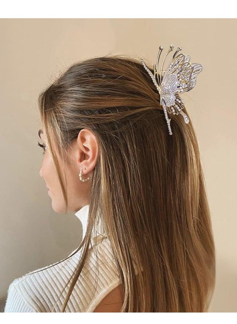 Butterfly Hair Claw Crystal Clips for Women Rhinestone Hair Clamps Metal Butterfly Hair Clips Hair Catch Clip for Women Thinner Thick Hair Styling Fashion Hair Supplies Hair Accessories 2PCS