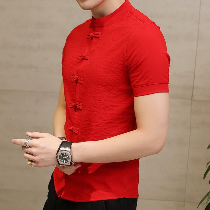 2021 Summer New Arrival Fashion Chinese Style Solid Color Short Sleeve Shirt with Buckle Korean Style Casual Slim Fit Linen Cardigan Black  - Image 5