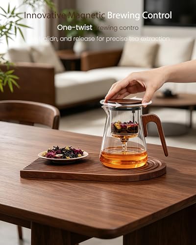 ZENS Magnetic Tea Pot Enchanted Glass Teapot with Infuser and Magnetic Suction Lid for MessFree Loose Tea Diffusers Walnut Wood Handle Tea Lovers Gifts - Image 3