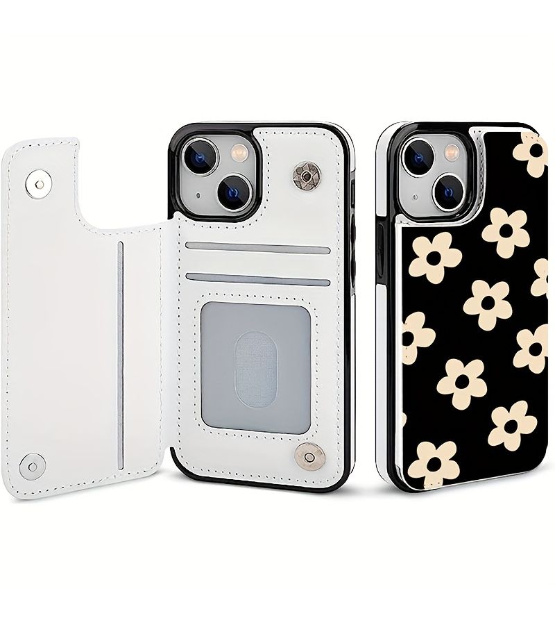 White Floral Wallet Phone Case For iPhone 14 Plus Card Holder Stand - Image 5