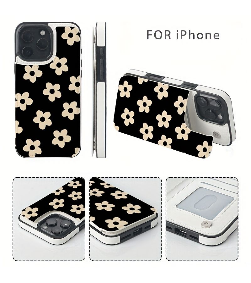 White Floral Wallet Phone Case For iPhone 14 Plus Card Holder Stand - Image 1