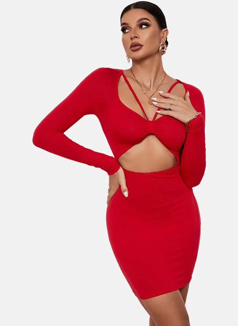 YUNIQEE Red Solid Long Sleeve Sweetheart Neck Mini Bodycon Dress