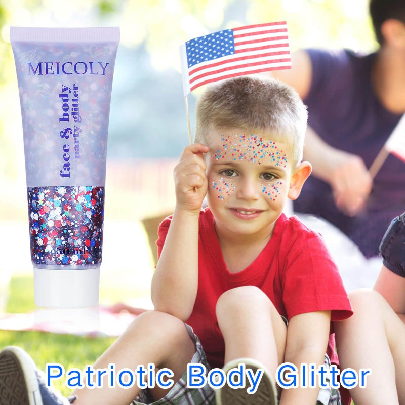 MEICOLY Red White and Blue Body Glitter,4th of July Accessories Hair Glitter for Kids,4th of July Outfits for Women,Fourth of July Patriotic Face Glitter for President's Day Veterans Day - Image 4