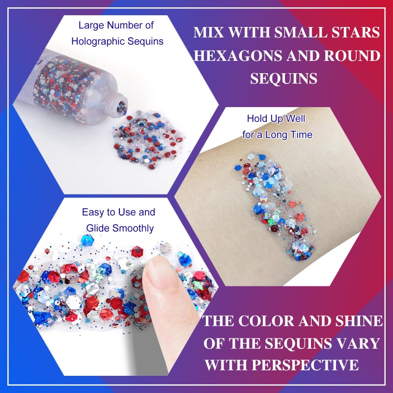 MEICOLY Red White and Blue Body Glitter,4th of July Accessories Hair Glitter for Kids,4th of July Outfits for Women,Fourth of July Patriotic Face Glitter for President's Day Veterans Day - Image 3