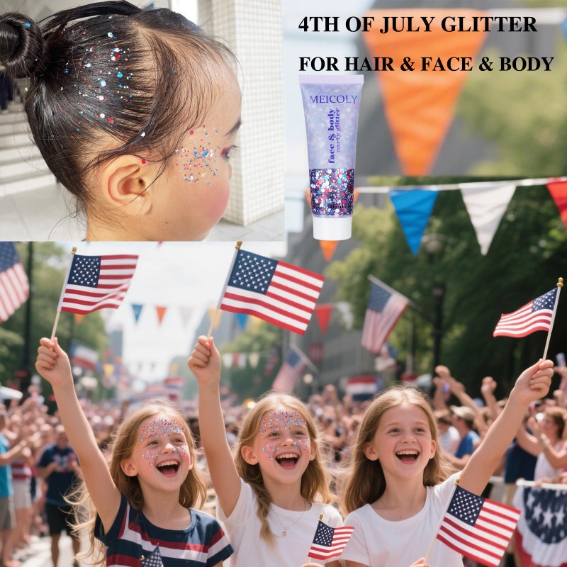 MEICOLY Red White and Blue Body Glitter,4th of July Accessories Hair Glitter for Kids,4th of July Outfits for Women,Fourth of July Patriotic Face Glitter for President's Day Veterans Day - Image 2