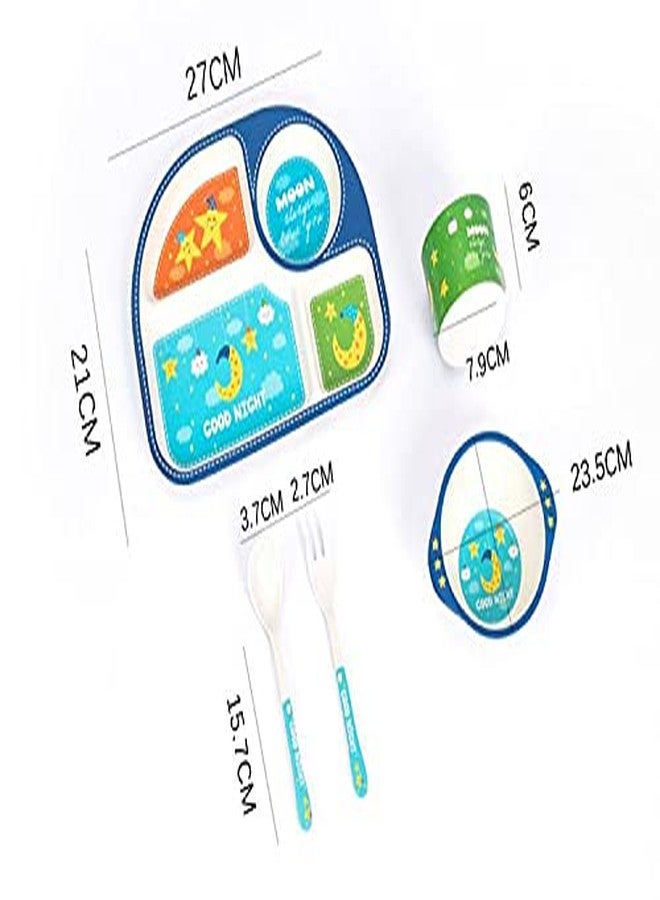 CherryBox Dinnerware Plate Set for Kids - Cartoon Design Crockery Set - Bamboo Fiber Eco Friendly (Blue Sky - 5 Pc Set) - Image 3