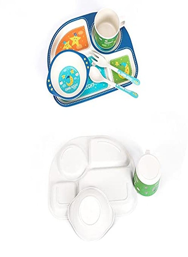 CherryBox Dinnerware Plate Set for Kids - Cartoon Design Crockery Set - Bamboo Fiber Eco Friendly (Blue Sky - 5 Pc Set) - Image 2