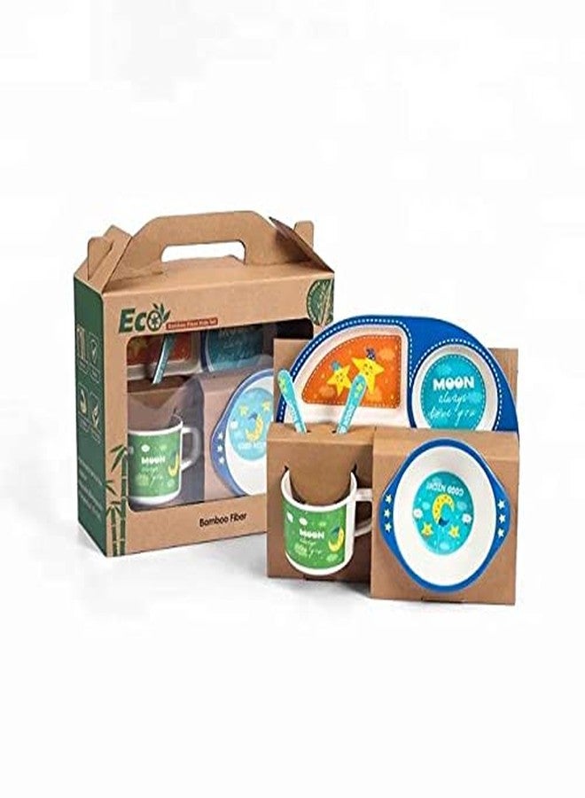 CherryBox Dinnerware Plate Set for Kids - Cartoon Design Crockery Set - Bamboo Fiber Eco Friendly (Blue Sky - 5 Pc Set) - Image 5