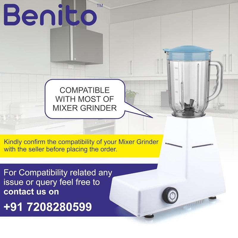 Benito Crystal Transparent Polycarbonate Juicer Jar (1L) for Mixer Grinder – Compatible with 4-Teeth Coupler & Dual Locking System - Image 3
