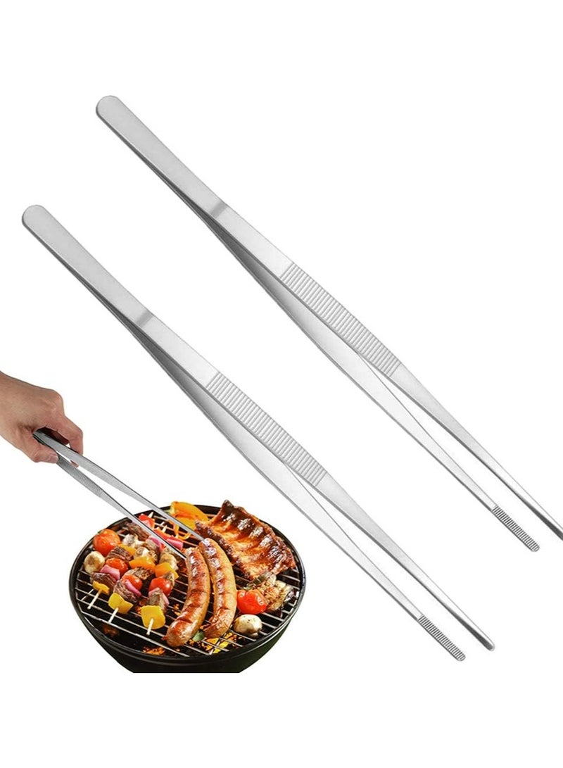 Oasisgalore 2 Pcs 12-Inch Stainless Steel Tongs - Serrated Tips for Cooking, BBQ & Seafood (Silver) - Image 1