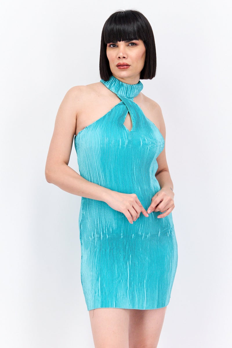 Missguided Women Petite Pleated Mini Dress, Blue - Image 1