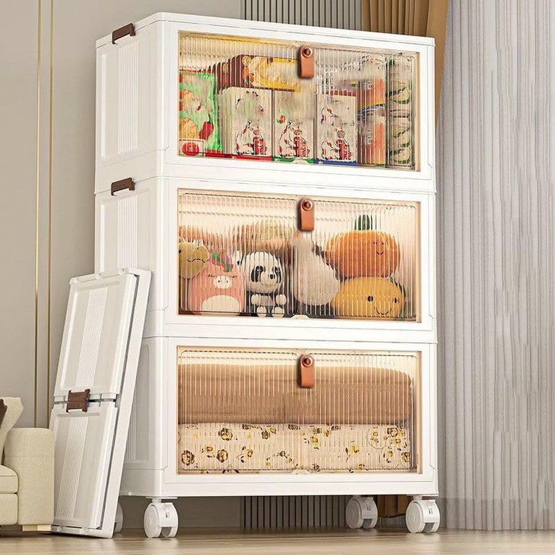 EXVITO 3 Tier Stackable Kitchen Storage Drawer Organizer Cabinet with Transparent Doors, Multi-Layer Storage Bin, Space-Saving Pantry Organizer, Cupboard for Clothes, Storage Rack - White - Image 1